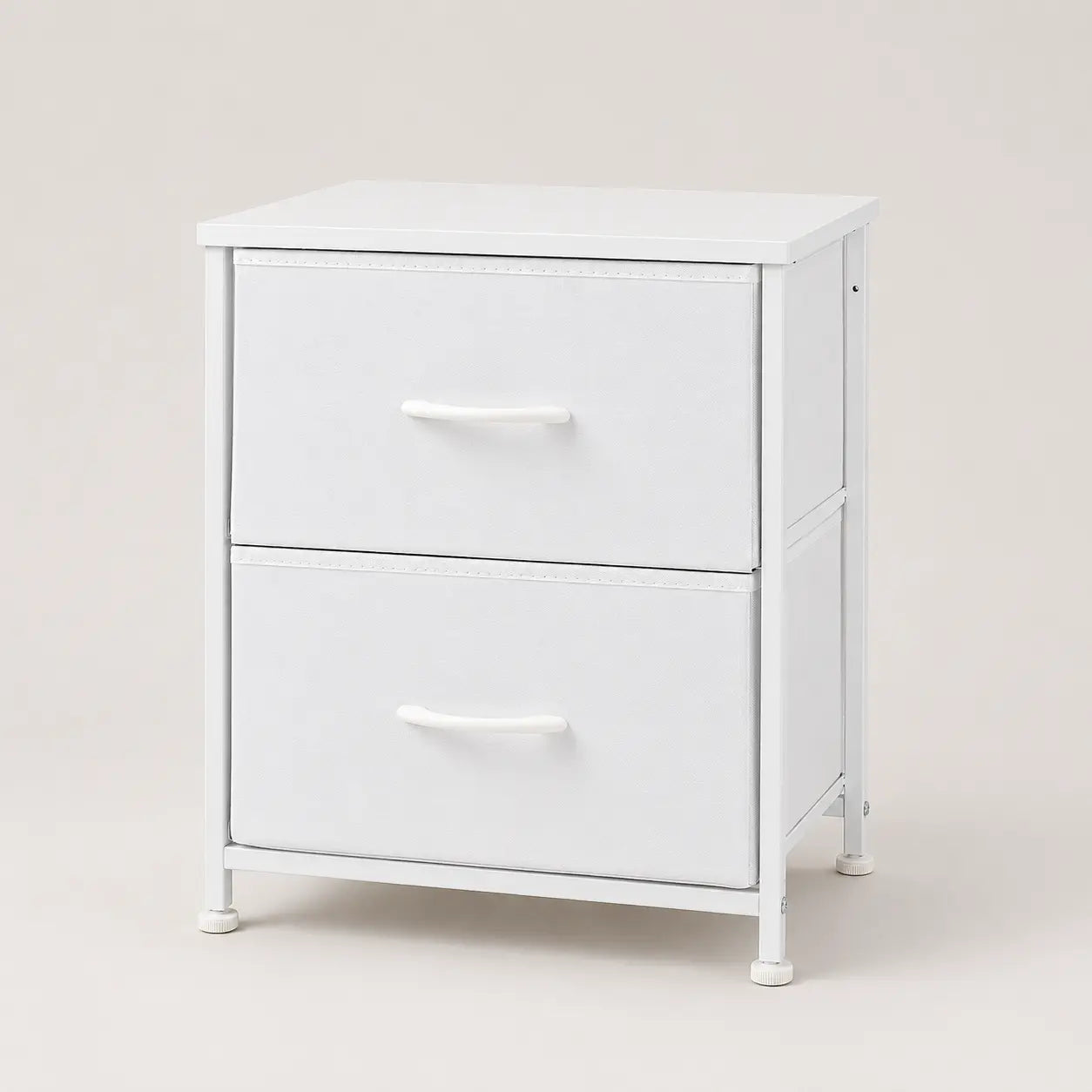 White two-drawer fabric nightstand with matching frame and curved pull handles