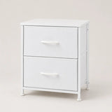 White two-drawer fabric nightstand with matching frame and curved pull handles