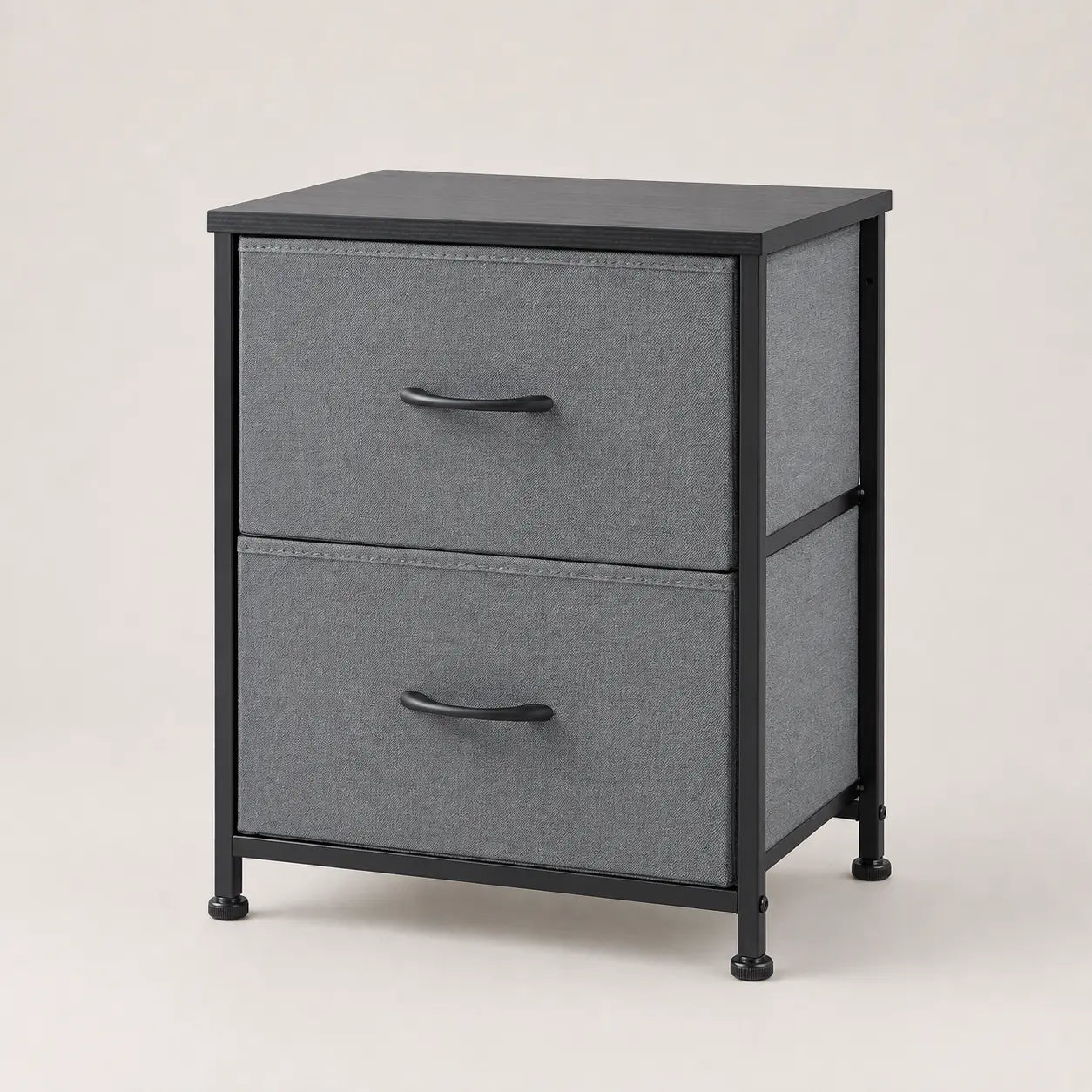Grey two-drawer fabric nightstand with black steel frame