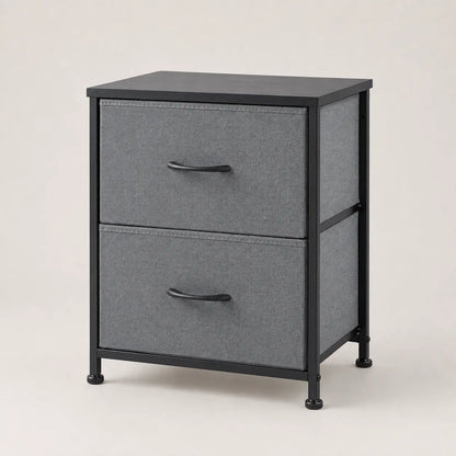 Grey two-drawer fabric nightstand with black steel frame
