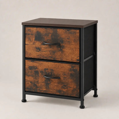 Rustic brown two-drawer fabric nightstand with steel frame