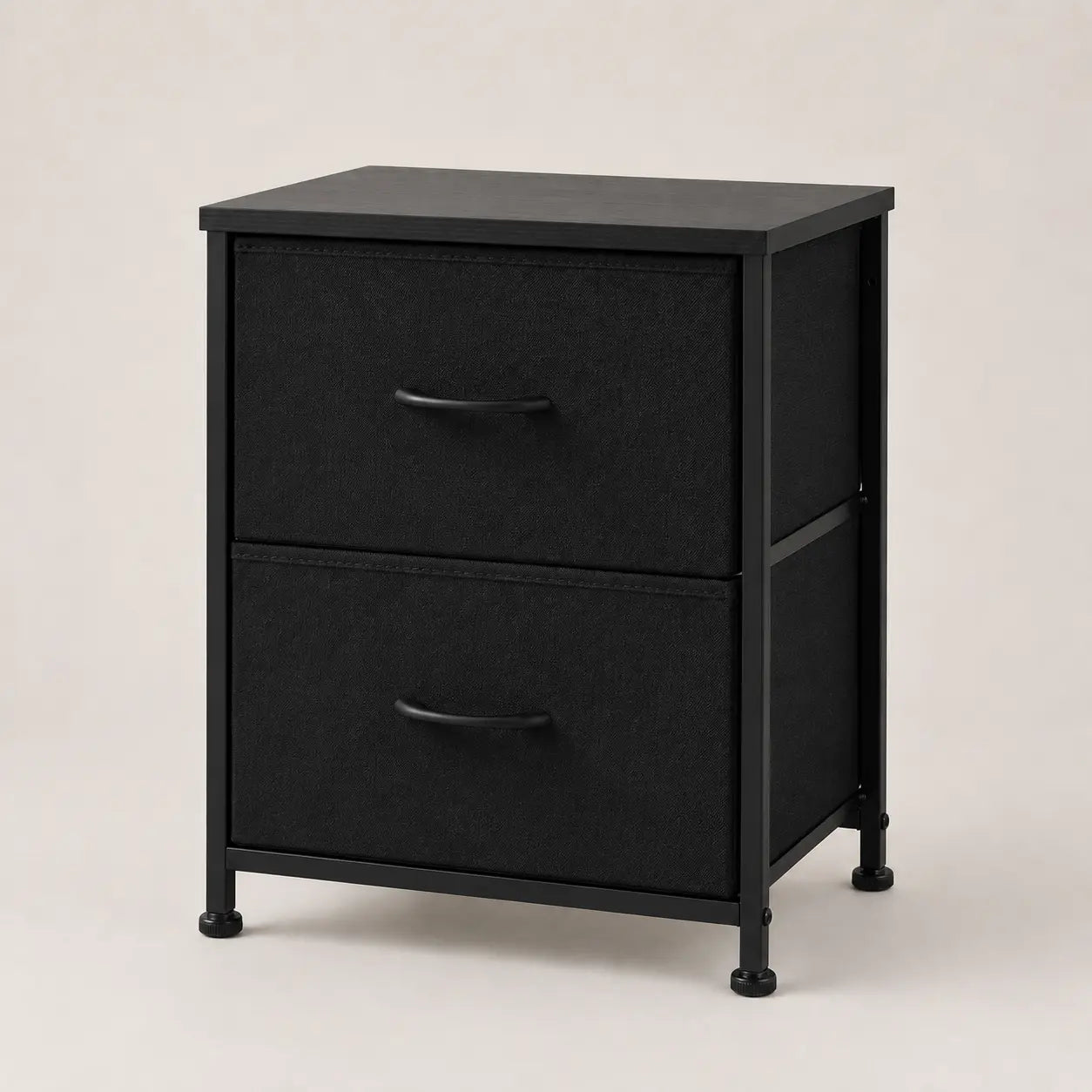 All-black two-drawer fabric nightstand with steel frame and curved pull handles