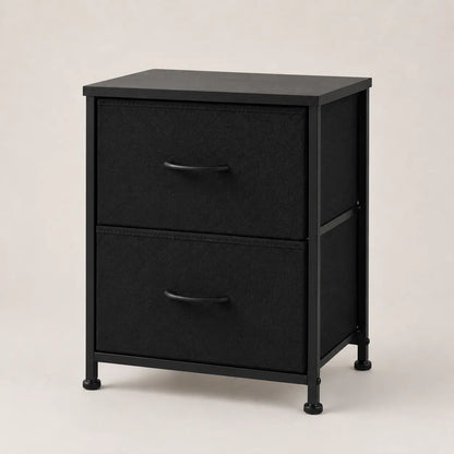 All-black two-drawer fabric nightstand with steel frame and curved pull handles