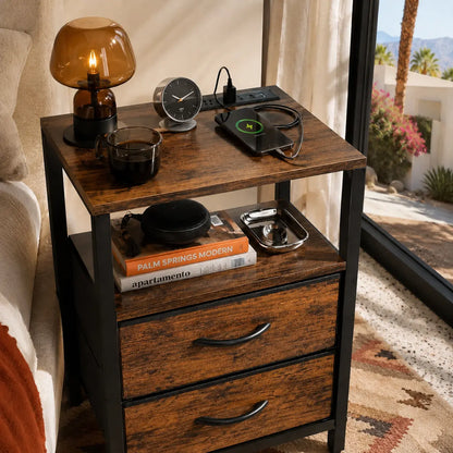 Rustic brown nightstand set into a furnished interior