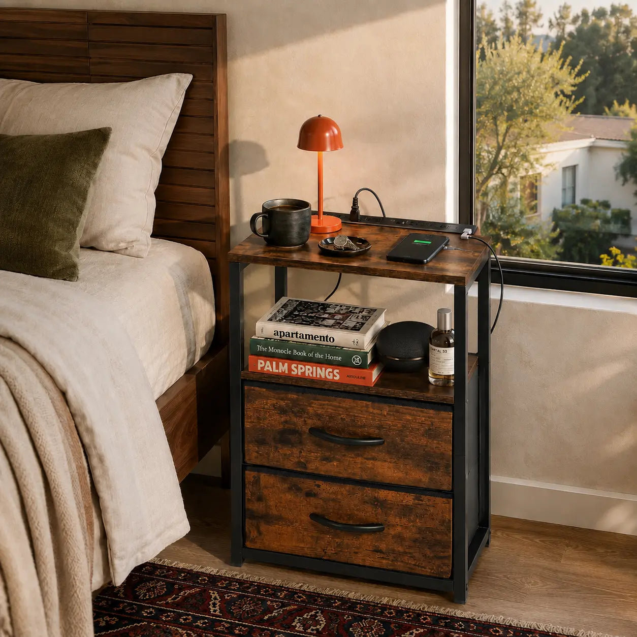 Rustic brown nightstand used beside a bed