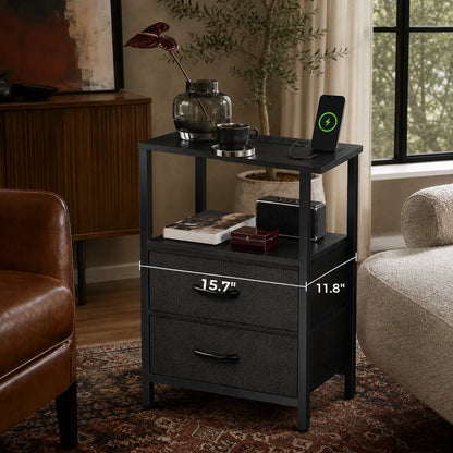 Black nightstand in a darker, low-lit bedroom