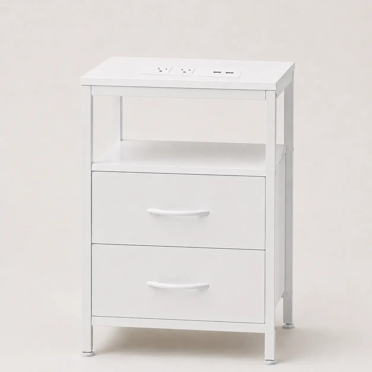 White two-drawer nightstand with open shelf and charging station