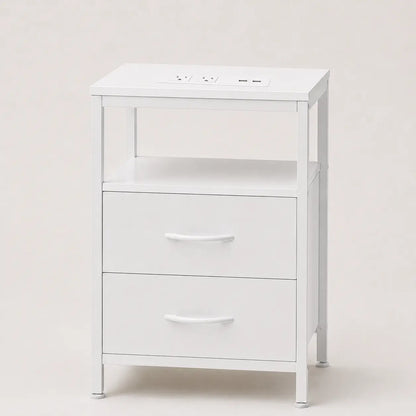 White two-drawer nightstand with open shelf and charging station