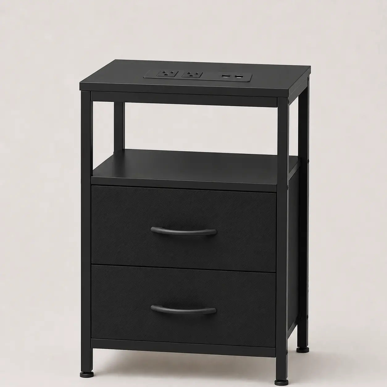Black two-drawer nightstand with open shelf and charging station
