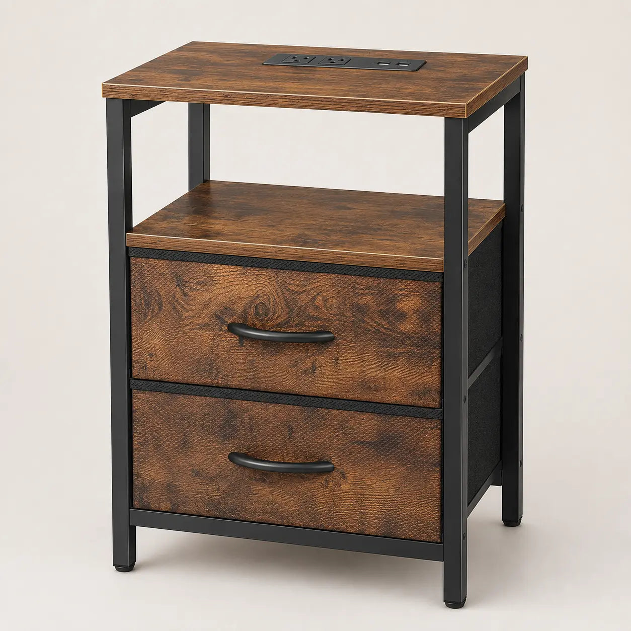Two-drawer nightstand with a rustic brown top and black frame