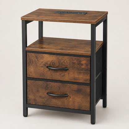 Two-drawer nightstand with a rustic brown top and black frame