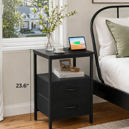 Black nightstand in a styled modern bedroom