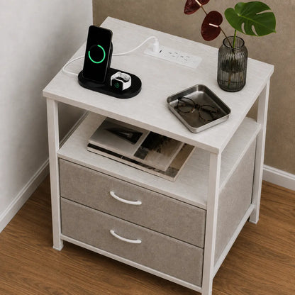 Open drawers and shelf on the white nightstand
