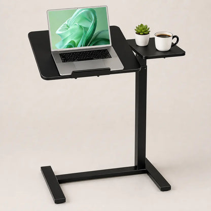 Black mobile workstation with laptop on an adjustable tabletop