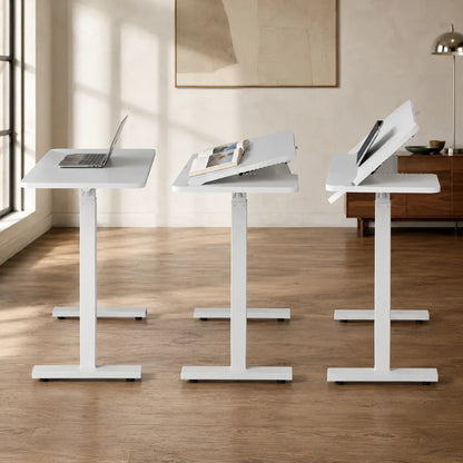 Mobile workstation shown at multiple adjustable heights